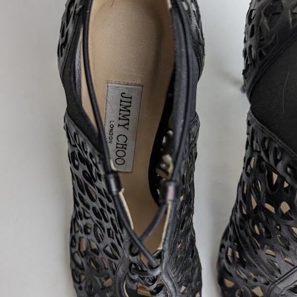 JIMMY CHOO Nappa/Shiny Fab Black Laser Cut Peep Toe Bootie - Size: 9 | IT 39 - Picture 7 of 7